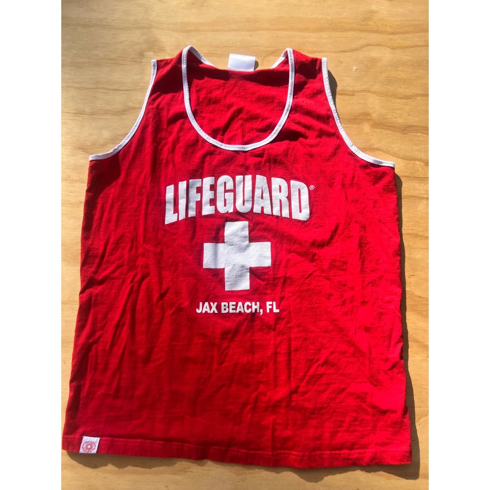 Lifeguard Jax Beach FL Red Tank Top Ringer Sleeveless Shirt Mens XL Cotton